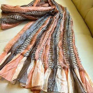 Beautiful peach and gray scarf. 64 inches long